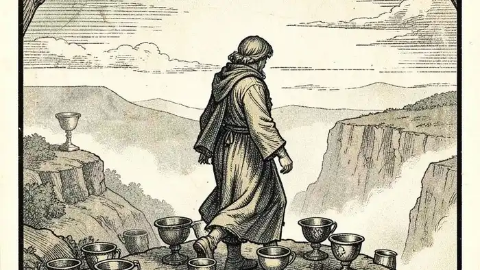 Восьмерка Кубков изображение карты таро с фигурой, уходящей от восьми чаш