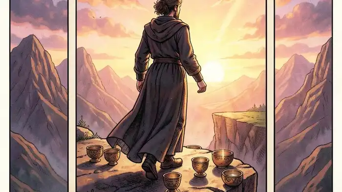 Восьмерка Кубков изображение карты Таро с фигурой у утёса