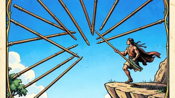 Восьмерка Жезлов — изображение карты Таро с летящими жезлами