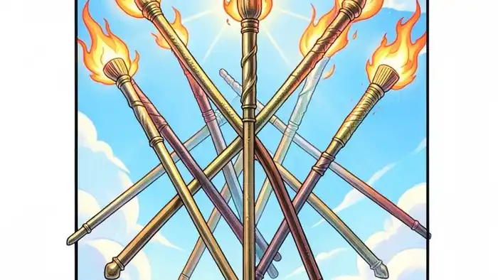 Восьмерка Жезлов мысли таро — изображение карты с летящими жезлами и символом Меркурия