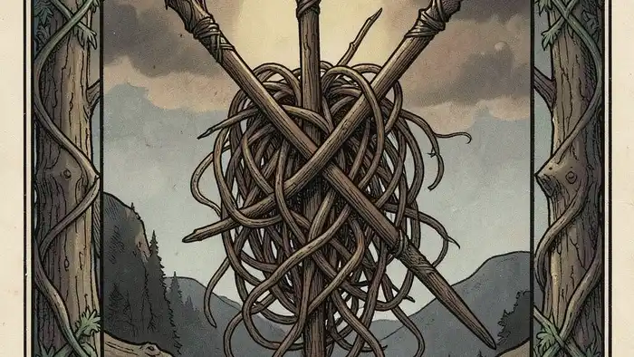 Восьмерка Жезлов перевернутая – изображение перепутанных жезлов и затуманенного неба