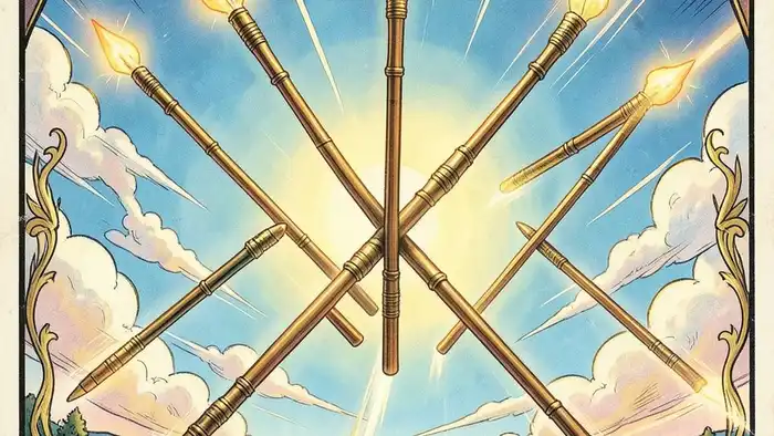 Восьмерка Жезлов сочетание таро — изображение карты с динамичными жезлами