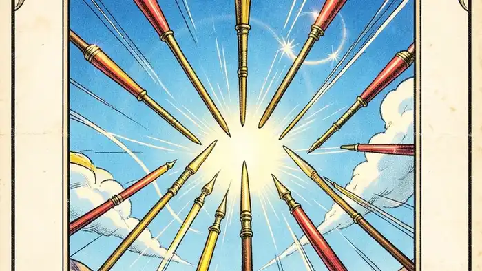 Восьмерка Жезлов карта Таро, изображающая восемь летящих жезлов