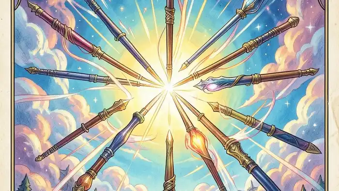 Восьмерка Жезлов Таро — изображение карт с динамичными жезлами в небе