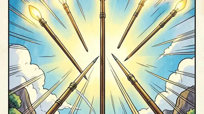 Вось��ерка Жезлов карта таро, изображение динамичных жезлов в полете