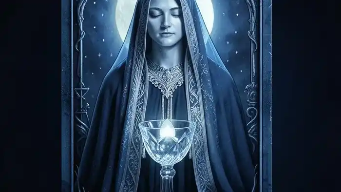 Жрица архетип таро — изображение карты Таро с лунным светом и завесой