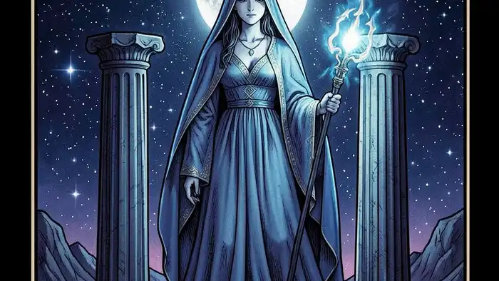 Жрица карта года таро — мистический образ с завесой и лунным светом