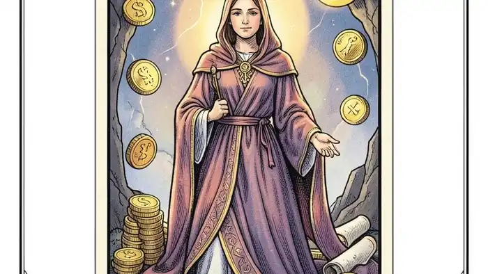 жрица на деньги таро иллюстрация карты с символами изобилия