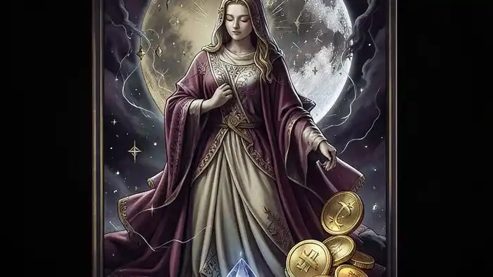 Жрица на деньги таро — изображение карты с символами финансов