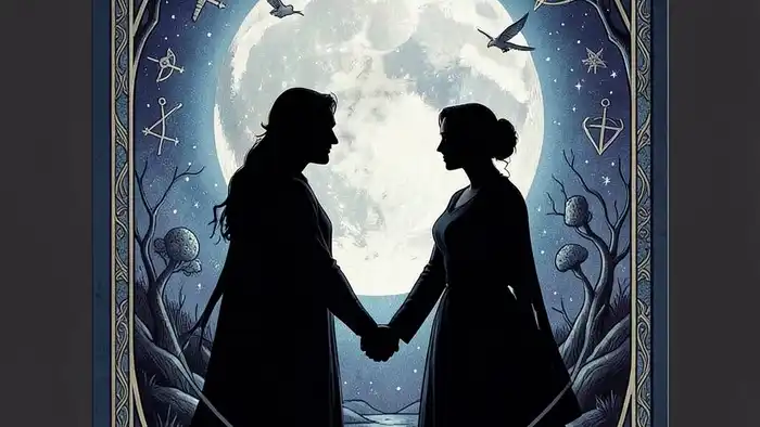 Жрица в отношениях таро — иллюстрация карты с лунным светом и парой
