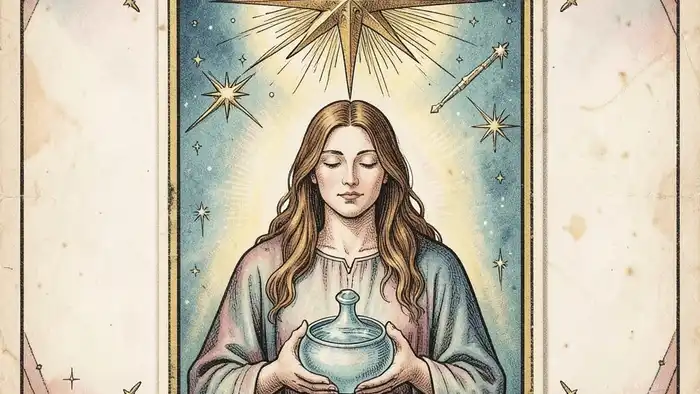 Звезда действия таро — изображение карты со светящейся звездой и водой